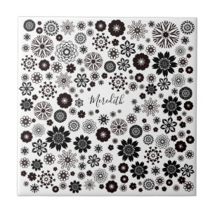 Customizable Name Black and White Floral Pattern Ceramic Tile