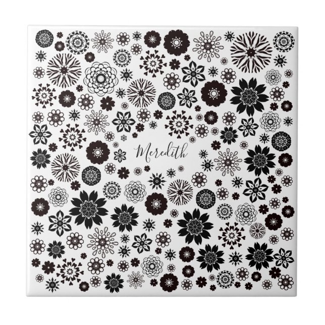Customizable Name Black and White Floral Pattern Ceramic Tile (Front)