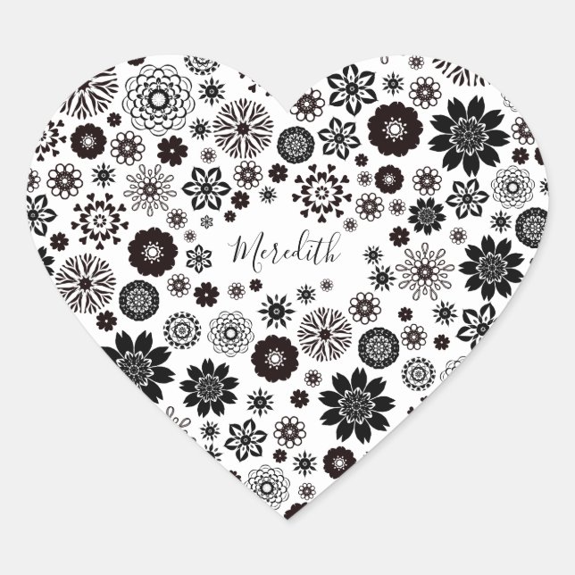 Customizable Name Black and White Floral Pattern Heart Sticker (Front)