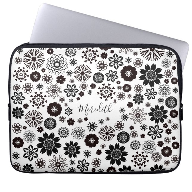 Customizable Name Black and White Floral Pattern Laptop Sleeve (Front)