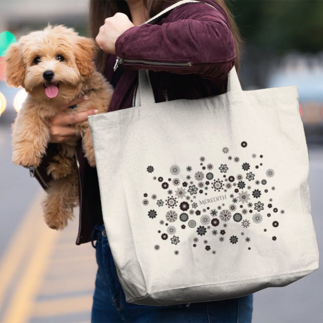Customizable Name Black and White Floral Pattern Large Tote Bag (Creator Uploaded)