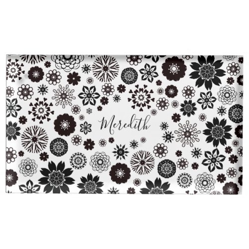 Customizable Name Black and White Floral Pattern Place Card Holder