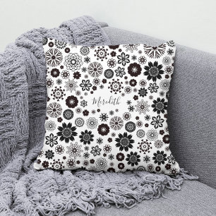 Customizable Name Black and White Floral Pattern Throw Pillow