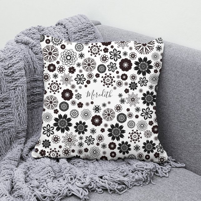 Customizable Name Black and White Floral Pattern Throw Pillow (Creator Uploaded)
