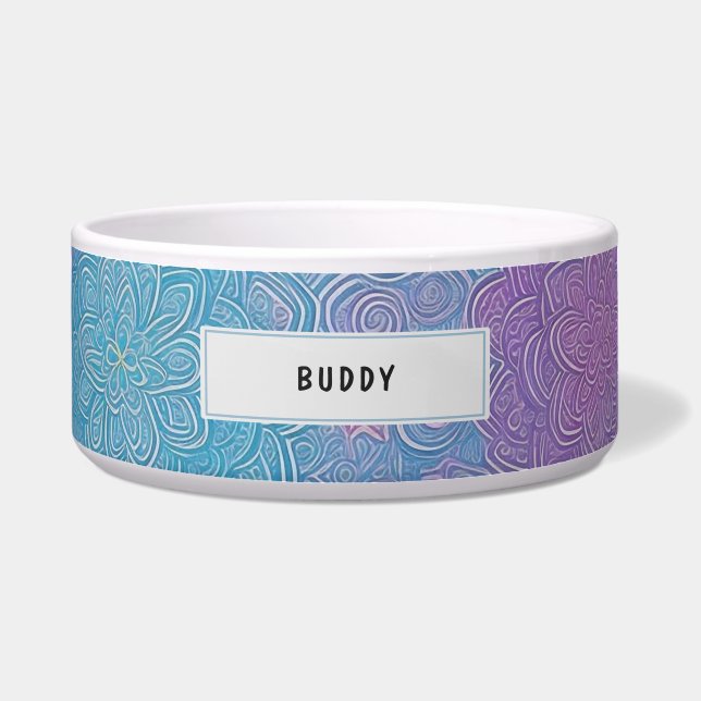 Customizable Name Blue Purple Floral Pet Feeding Bowl (Front)