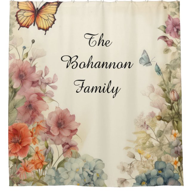 Customizable Name Butterfly & Floral Shower Curtain (Front)