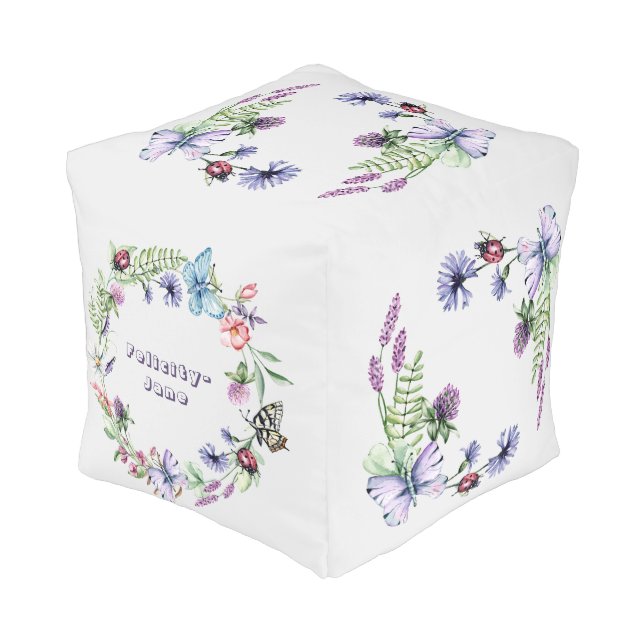 Customizable Name Butterfly Wildflower Children's Pouf (Angled Back)