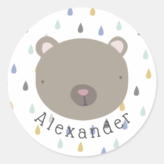 Customizable Name Cute Bear Classic Round Sticker (Front)