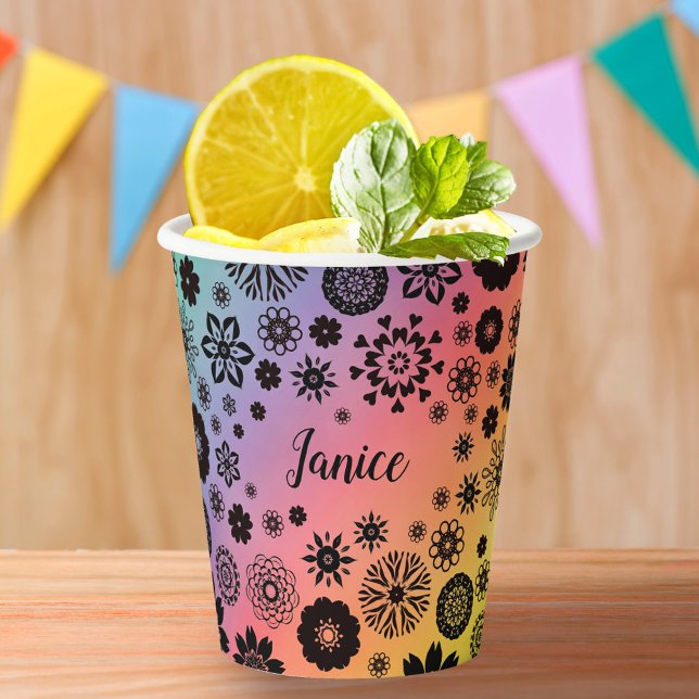 Customizable Name Cute Girly Floral Cool Rainbow Paper Cups (Creator Uploaded)