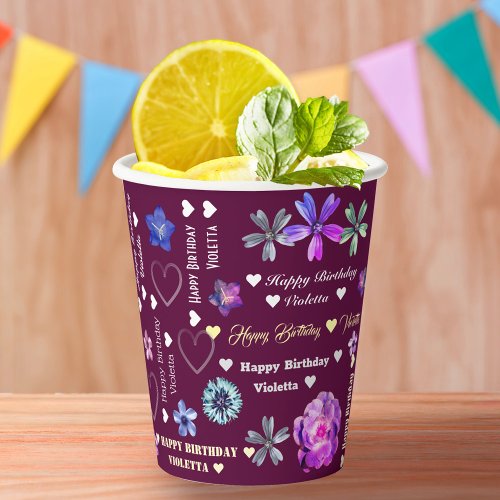 Customizable Name Cute Girly Happy Birthday Paper Cups