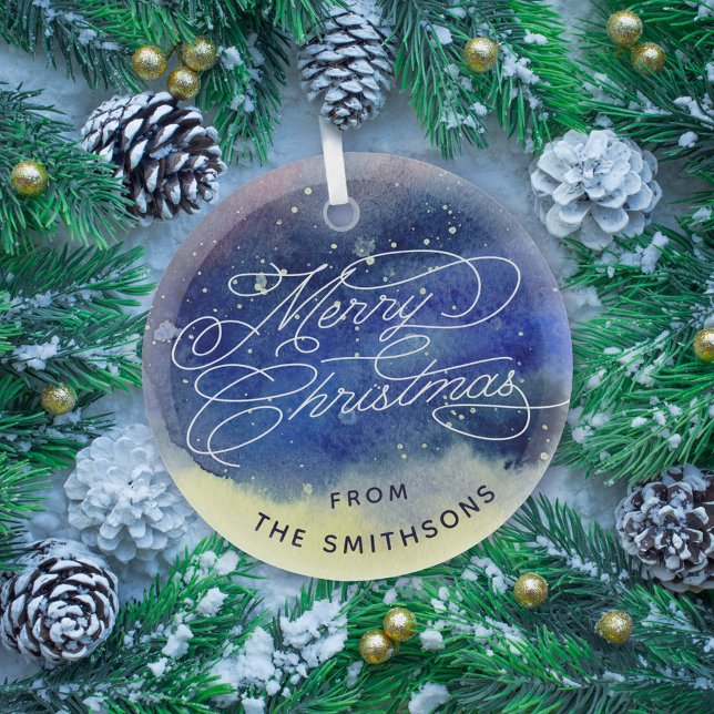Customizable Name Cute Navy Blue Merry Christmas  Glass Ornament (Creator Uploaded)