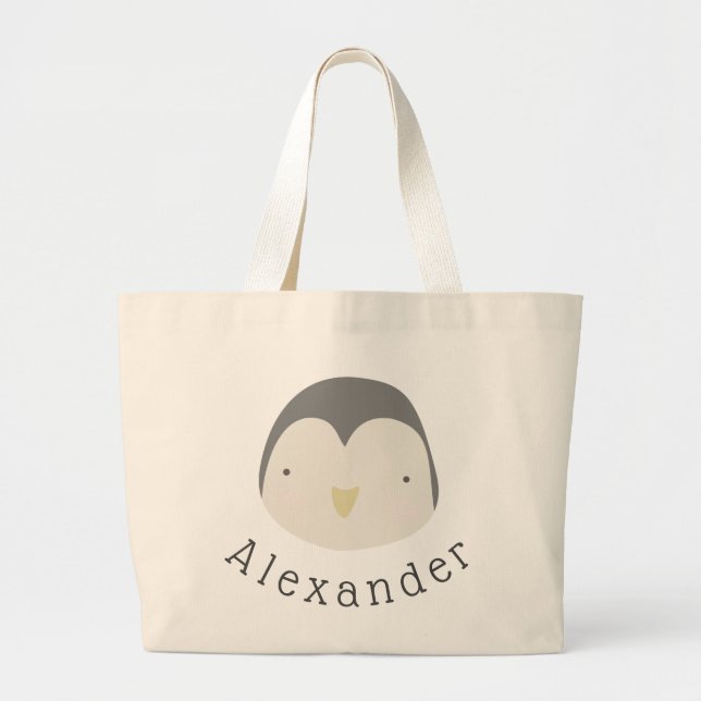 Customizable Name Cute Penguin Large Tote Bag (Front)