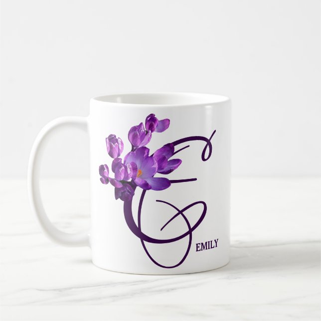 Customizable name Emily pretty purple floral girly Coffee Mug (Left)