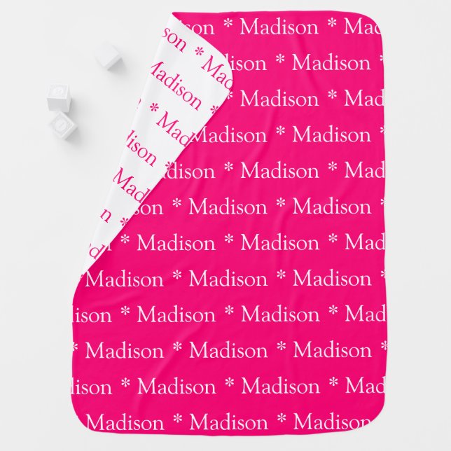 Customizable name fuchsia pink white double sided baby blanket (In Situ)