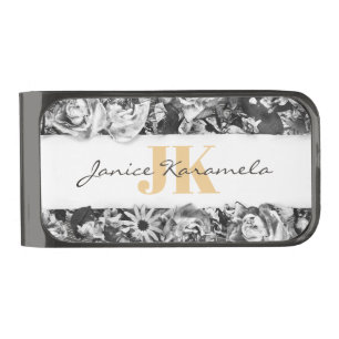 Customizable Name Gold Roses Chic Monogram Luxury Gunmetal Finish Money Clip