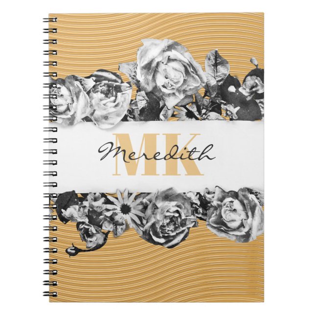 Customizable Name Gold Roses Chic Monogram Luxury Notebook (Front)