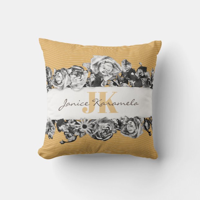 Customizable Name Gold Roses Chic Monogram Luxury Throw Pillow (Front)