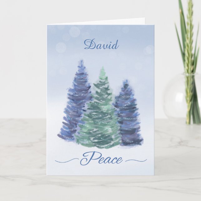 Customizable Name Holiday Peace Evergreen Tree Card (Front)