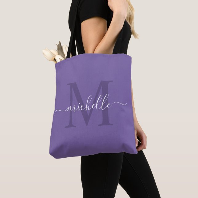 Customizable Name & Initial Amethyst Purple Color Tote Bag (Close Up)