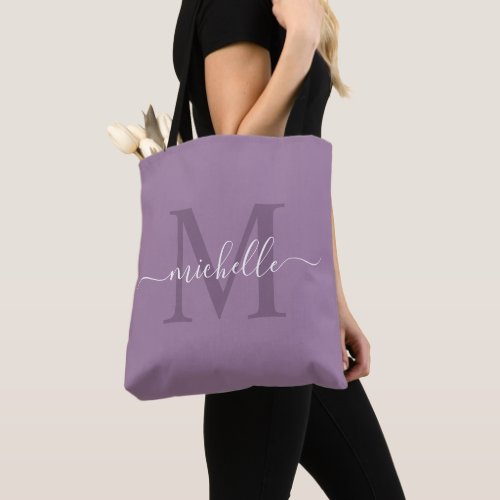 Customizable Name  Initial Grey Purple Color Tote Bag