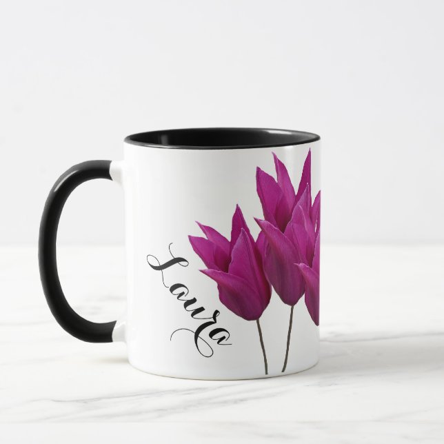 Customizable name Laura pretty pink tulips floral Mug (Left)