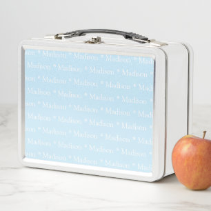 Customizable name light blue white double sided metal lunch box