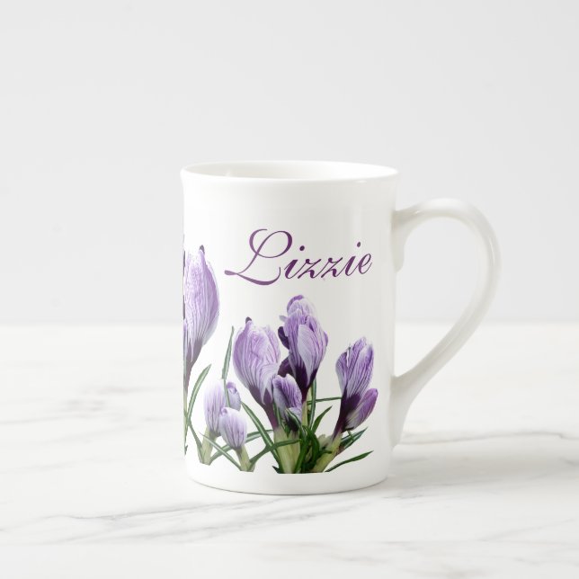 Customizable name Lizzie purple flower trendy boho Bone China Mug (Right)