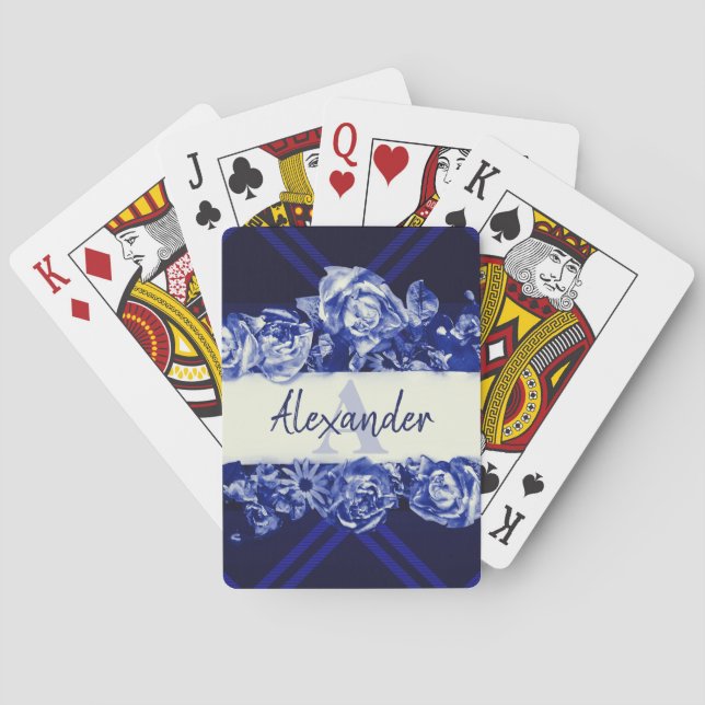 Customizable Name Navy Roses Stylish Chic Monogram Poker Cards (Back)
