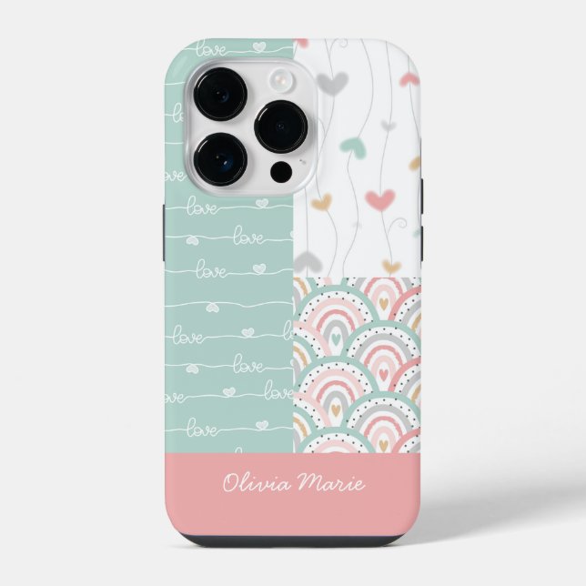 Customizable Name Patchwork Love Hearts Rainbows  Iphone Case (Back)