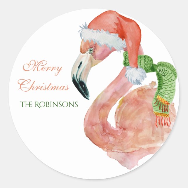 Customizable Name Pink Christmas Santa Flamingo  Classic Round Sticker (Front)