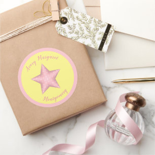 Customizable Name Pink Polka Dot 3D Star Classic Round Sticker