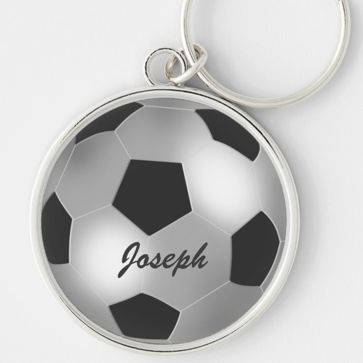 Customizable name silver Soccer Ball Keychain Zazzle