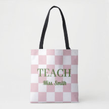 Customizable Name Teach Tote Cute Pink Checkered