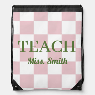 Customizable Name Teach Tote Cute Pink Checkered Drawstring Bag