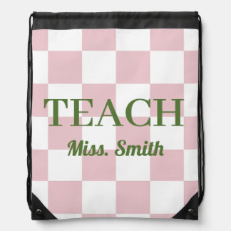 Customizable Name Teach Tote Cute Pink Checkered Drawstring Bag