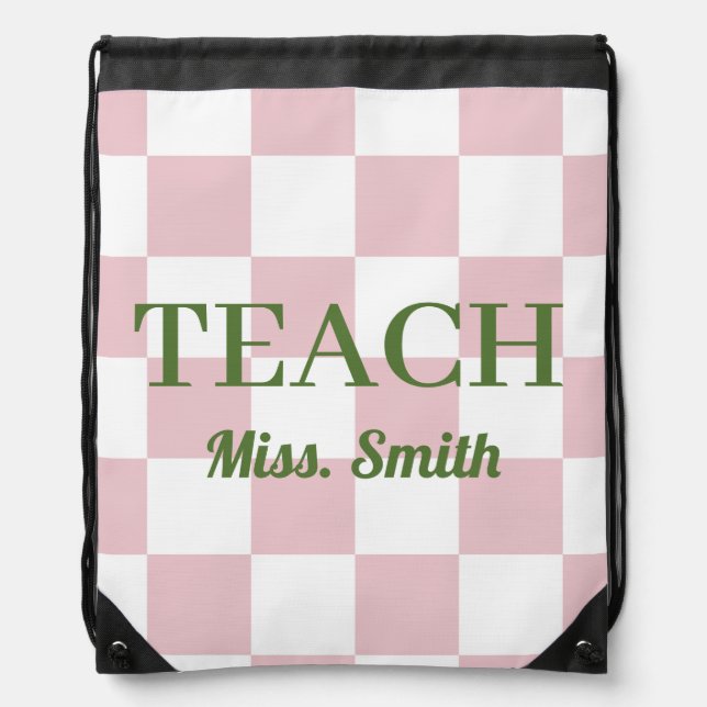 Customizable Name Teach Tote Cute Pink Checkered Drawstring Bag (Front)