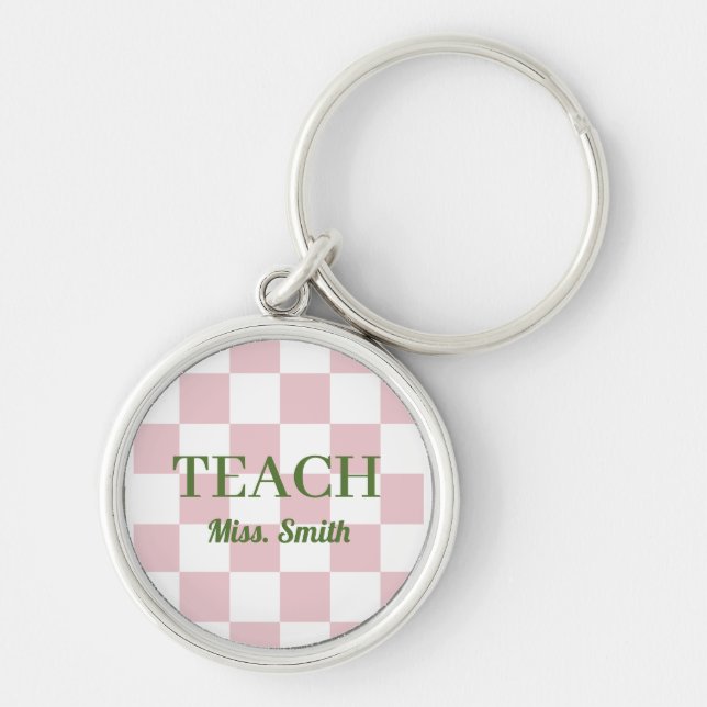Customizable Name Teach Tote Cute Pink Checkered Keychain (Front)