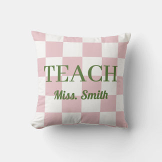 Customizable Name Teach Tote Cute Pink Checkered Throw Pillow