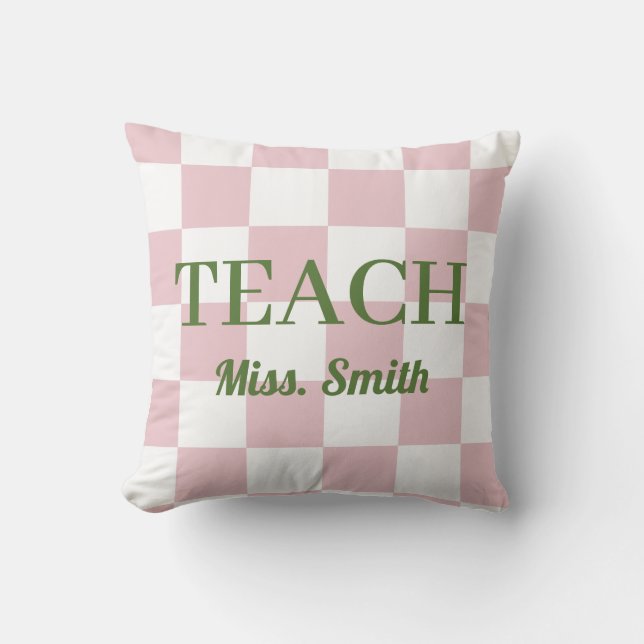 Customizable Name Teach Tote Cute Pink Checkered Throw Pillow (Front)