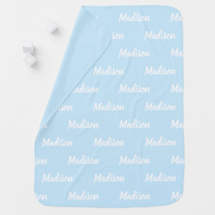 Customizable name, text, light blue white baby blanket