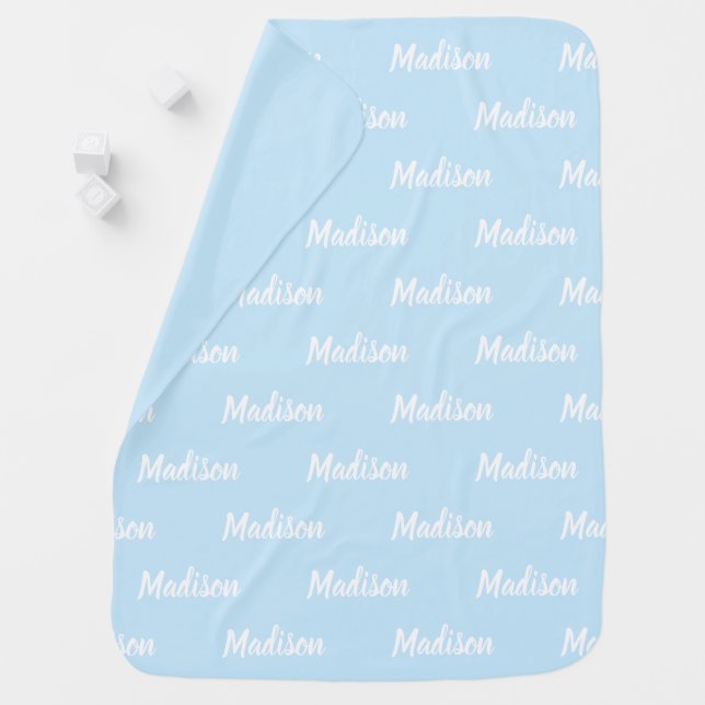 Customizable name, text, light blue white baby blanket (In Situ)