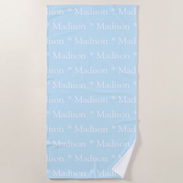 Customizable name, text, light blue white beach towel (Front)
