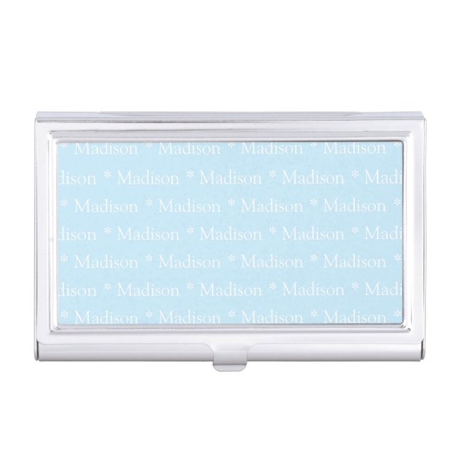 Customizable name, text, light blue white business card case (Front)