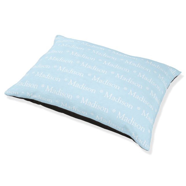 Customizable name, text, light blue white dog cat pet bed (Angled)