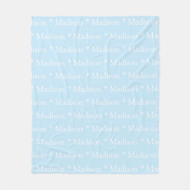 Customizable name, text, light blue white fleece blanket (Front)