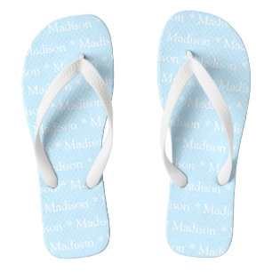 Customizable name, text, light blue white flip flops