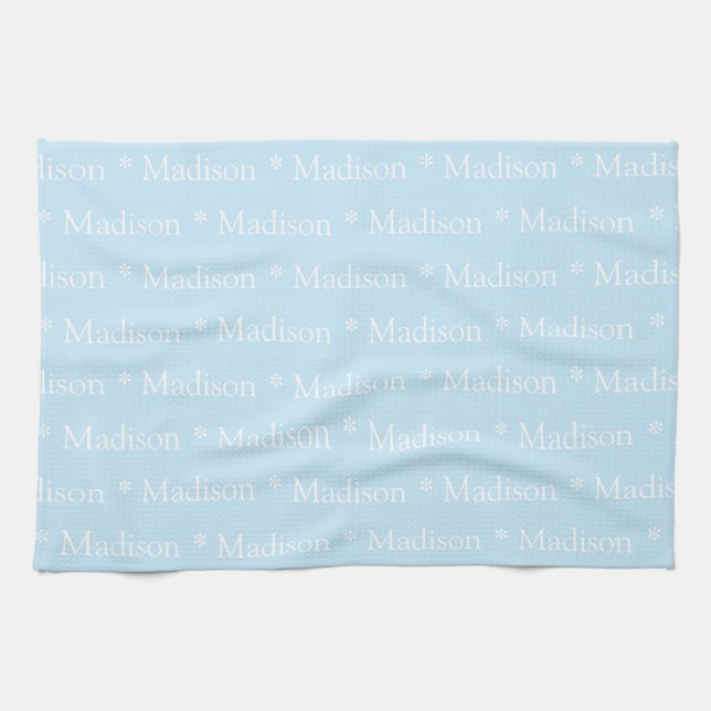 Customizable name text light blue white kitchen towel (Horizontal)