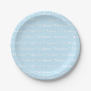 Customizable name, text, light blue white paper plates