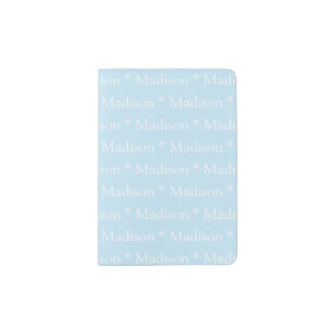 Customizable name, text, light blue white passport holder