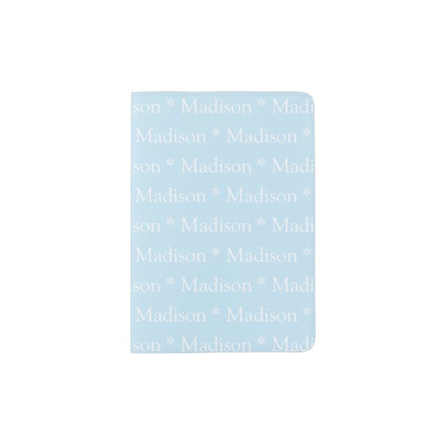Customizable name, text, light blue white passport holder (Front)